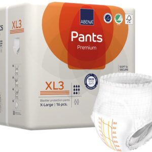 Découvrez les ABENA Pants XL3 Premium, adaptés aux tailles 130-170cm et avec une capacité d'absorption de 2600ml. Référence 1000021330. Offrez une protection supérieure et un confort optimal. Commandez dès maintenant chez MEDICSANTE