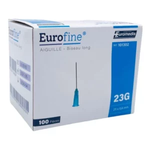 Aiguille hypodermique Eurofine bleu 23G boite de 100 (Réf. 101302) : Aiguille médicale de haute qualité pour injections, conditionnée par 100 unités.