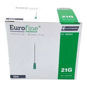 Aiguille hypodermique Eurofine 21G boite de 100 (Réf. 101314) : Aiguille médicale de haute qualité pour injections, conditionnée par 100 unités. Vendu par Medicsante