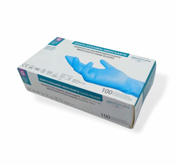 Carton de 10 boîtes de gants nitrile/vinyl MEDICSANTE bleus non poudrés, parfaits pour usage alimentaire et médical, disponibles en tailles S, M, et L.