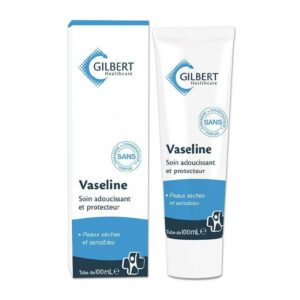 "Vaseline 100ml Gilbert, référence produit 612680. Soin adoucissant et protecteur pour peau sèche et sensible. Nourrit et adoucit la peau, la rend plus élastique et apaise les sensations d'inconfort. Forme un film protecteur et aide à réduire l'apparition des rougeurs. Sans conservateur ni parfum."